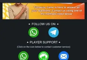 Tuzowins player support with WhatsApp, Telegram, live chat and email icons